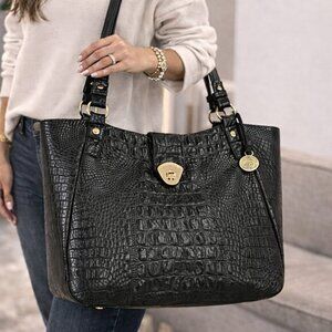 Brahmin Black Croc Embossed Leather Shoulder Tote Gold Hardware Turn Lock